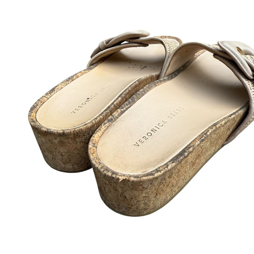 Veronica Beard Beige Woven Slides Wedge Heel Buckle - Picture 4 of 11